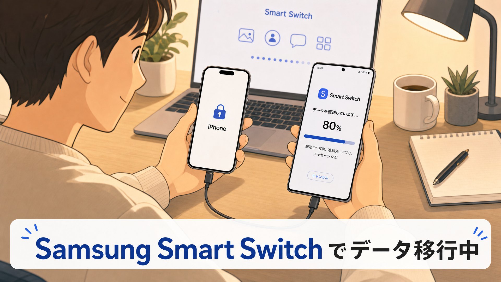 iPhoneとGalaxyをケーブルで接続してデータ移行する様子