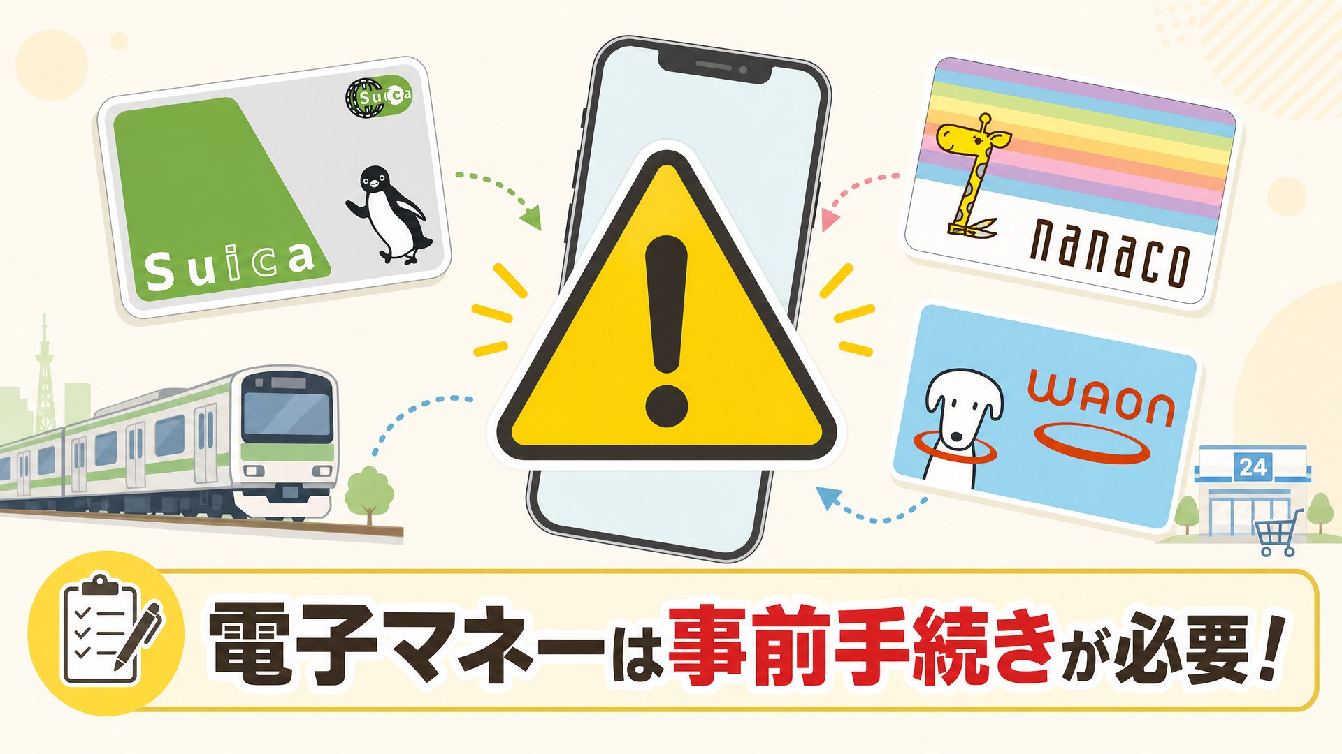 iPhone↔Android間で電子マネー残高が引き継げないことを示す注意イメージ