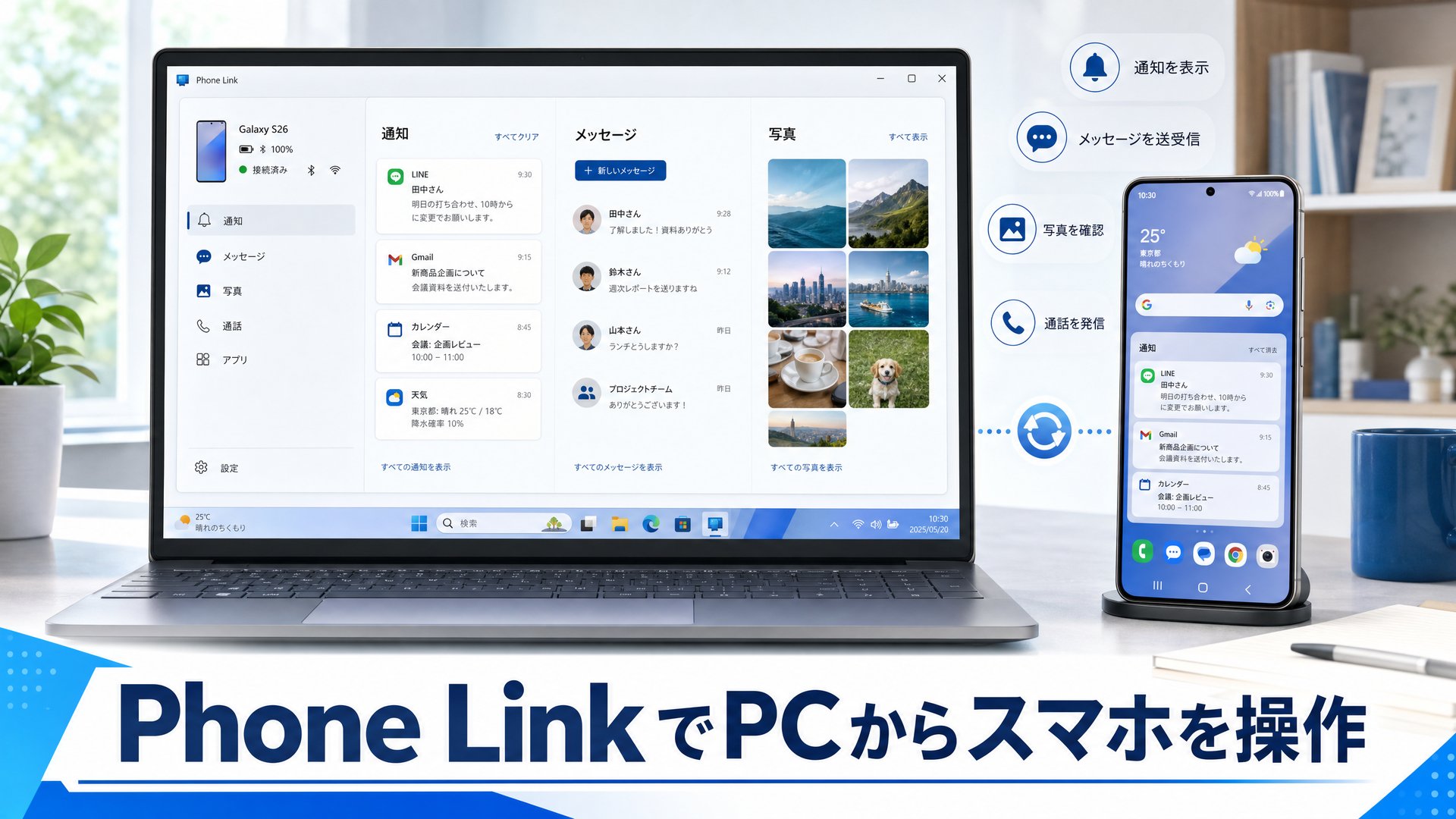 GalaxyとPCを連携させて自作アプリを試す様子