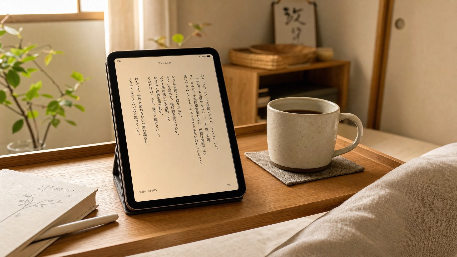 デスクに置いた縦置きスタンドで iPad mini に縦書きの和書を表示、コーヒーと一緒のくつろぎ読書スタイル