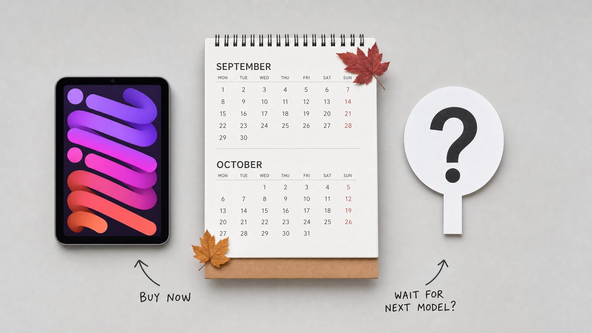 iPad mini と9-10月のカレンダーが並び、左に「BUY NOW」右に「WAIT FOR NEXT MODEL?」の手書き矢印、秋の新型発売を前にした購入タイミングの判断