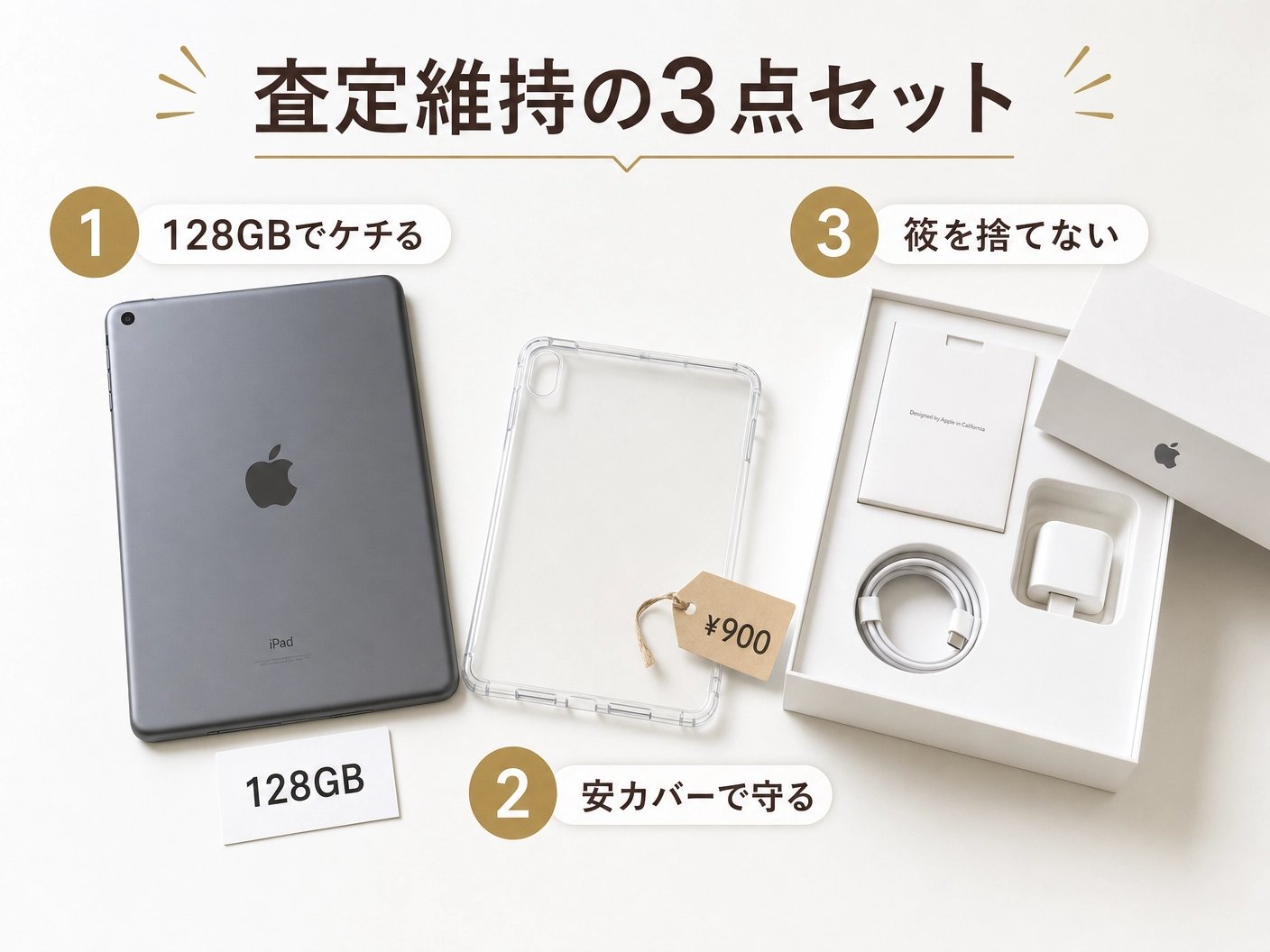 査定維持の3点セット:①128GB でケチる ②安カバーで守る ③箱を捨てない、iPad と純正箱・付属品・透明ケースを並べた図解