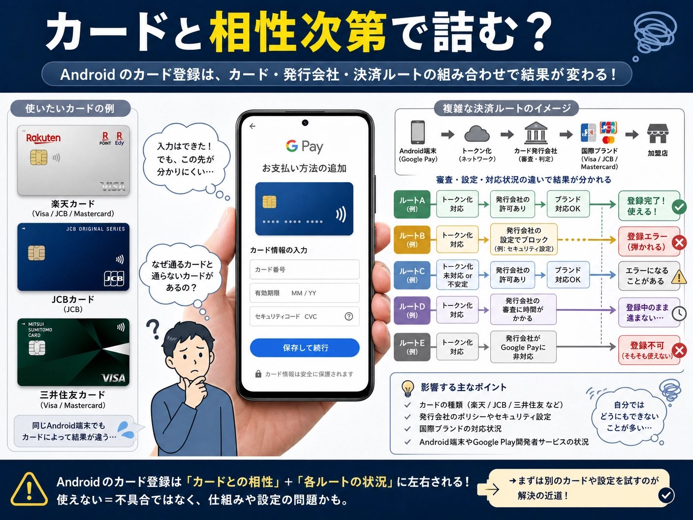 Androidのカード登録は、カード・発行会社・決済ルートの組み合わせで結果が変わる説明図