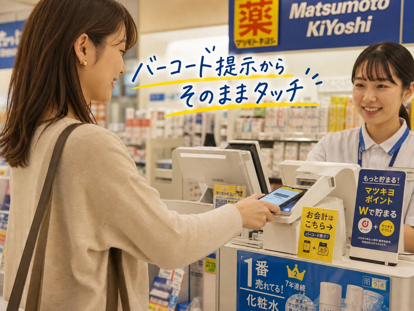 マツモトキヨシのレジでバーコード提示からそのままスマホをタッチして決済する女性