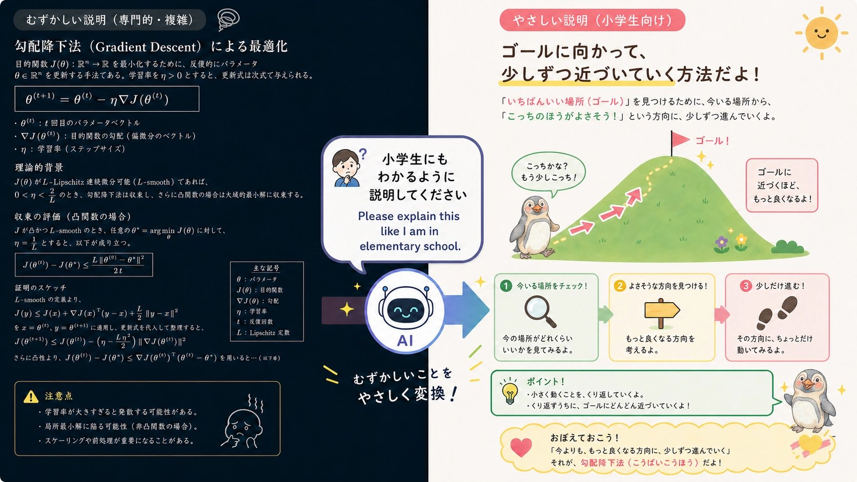 左に「むずかしい説明(専門的)」勾配降下法の数式、右に「やさしい説明(小学生向け)」山を登るペンギンのイラストで近づく、AI が難しい内容をやさしく変換するイメージ