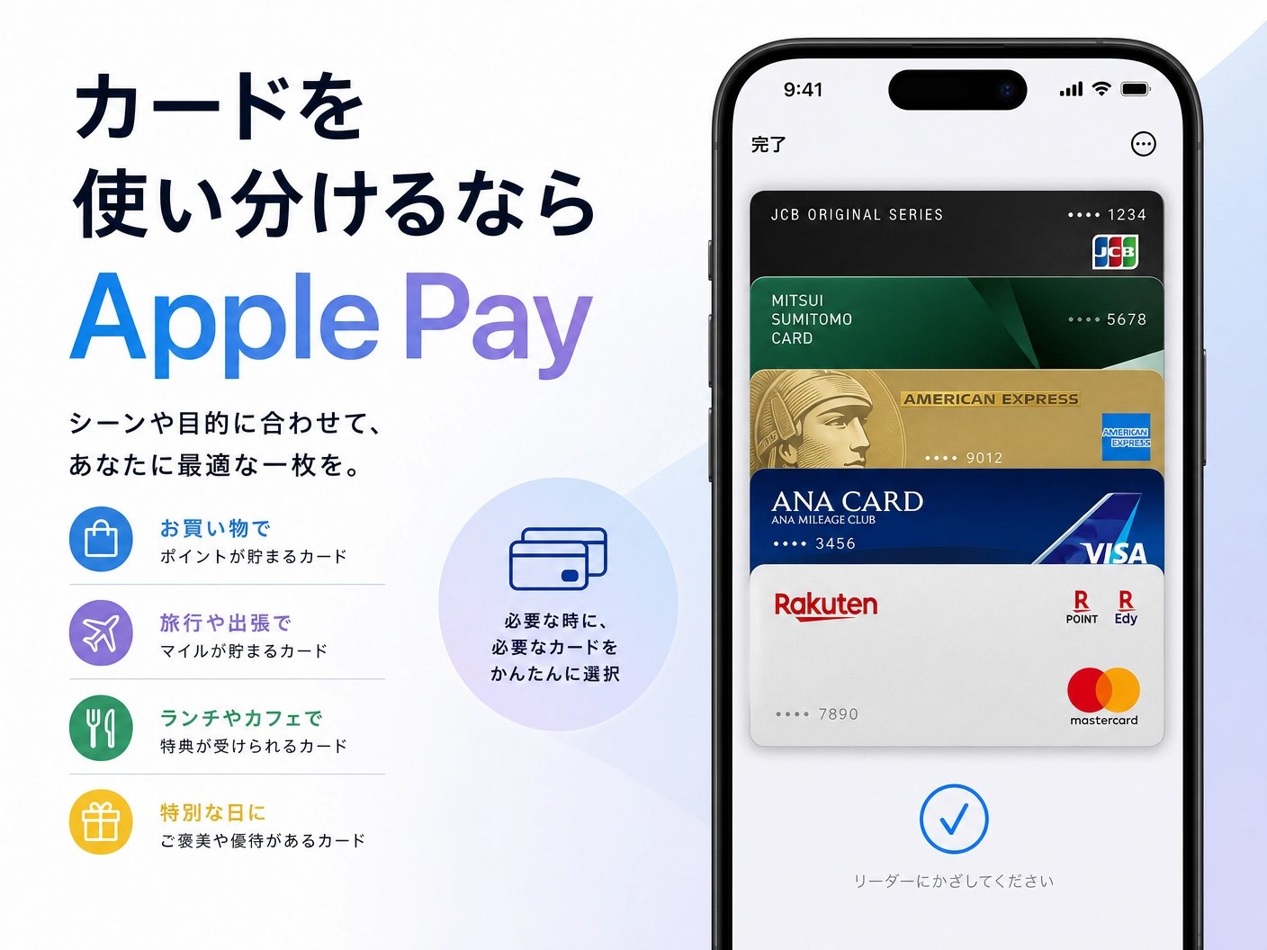 Apple Payのウォレット画面で複数枚のクレジットカードを使い分けるイメージ