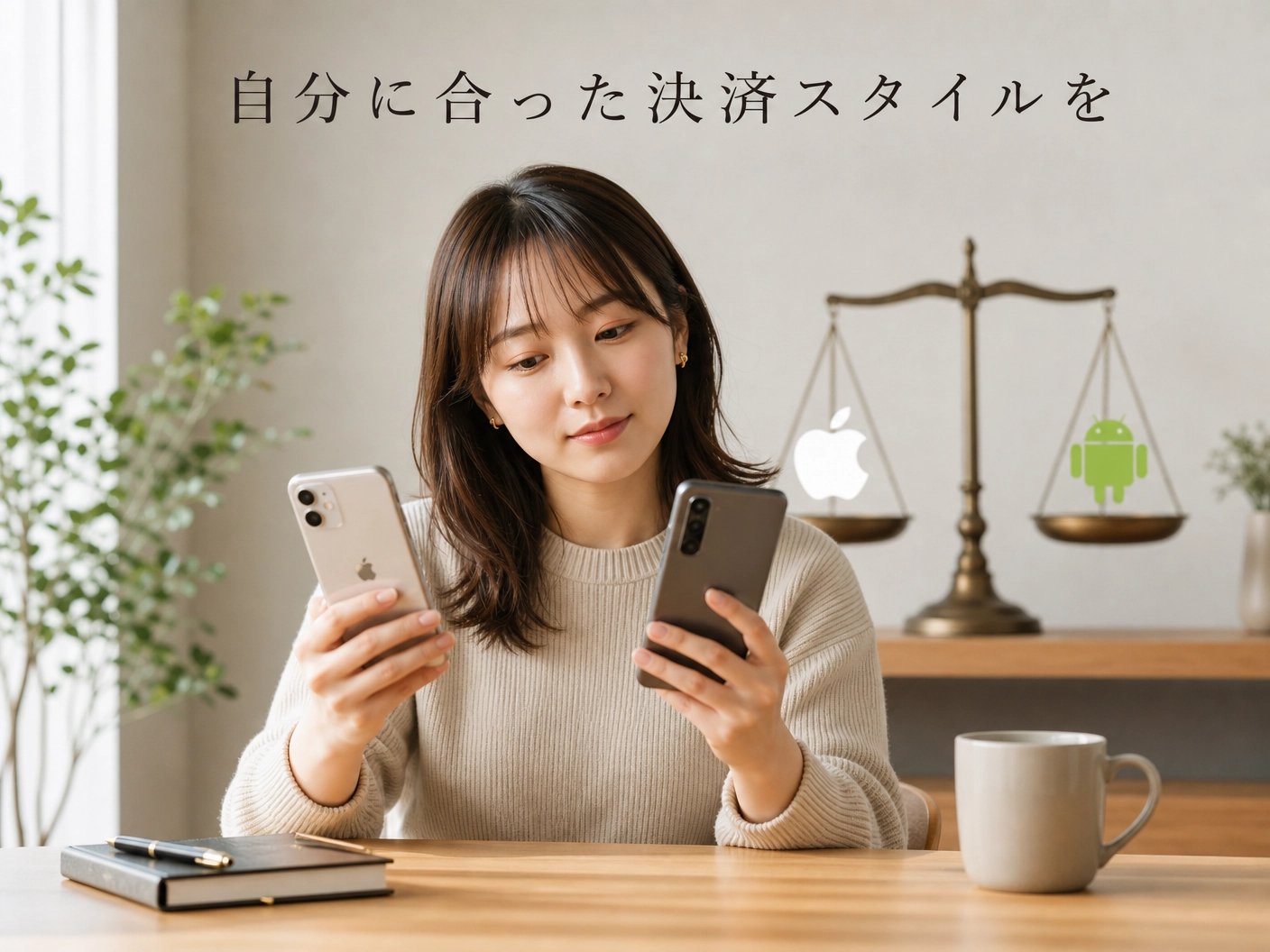 iPhoneとAndroidを両手に持ち、自分の運用に合った決済スタイルを選ぶイメージ