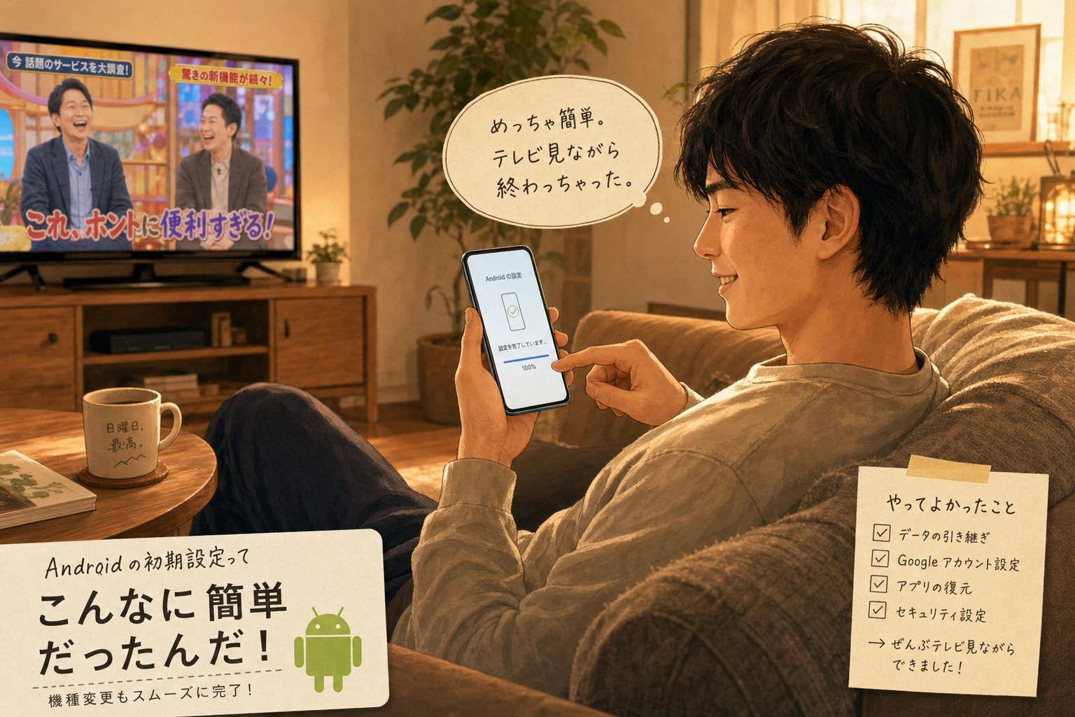 リビングのソファでスマホをぽちぽち操作している様子
