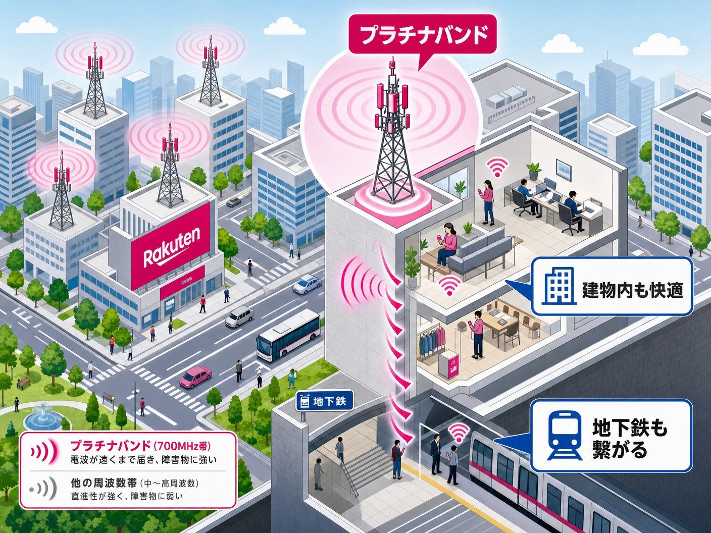 楽天モバイルのプラチナバンド(700MHz帯)が建物内・地下鉄でも電波を届ける仕組みを示した図解