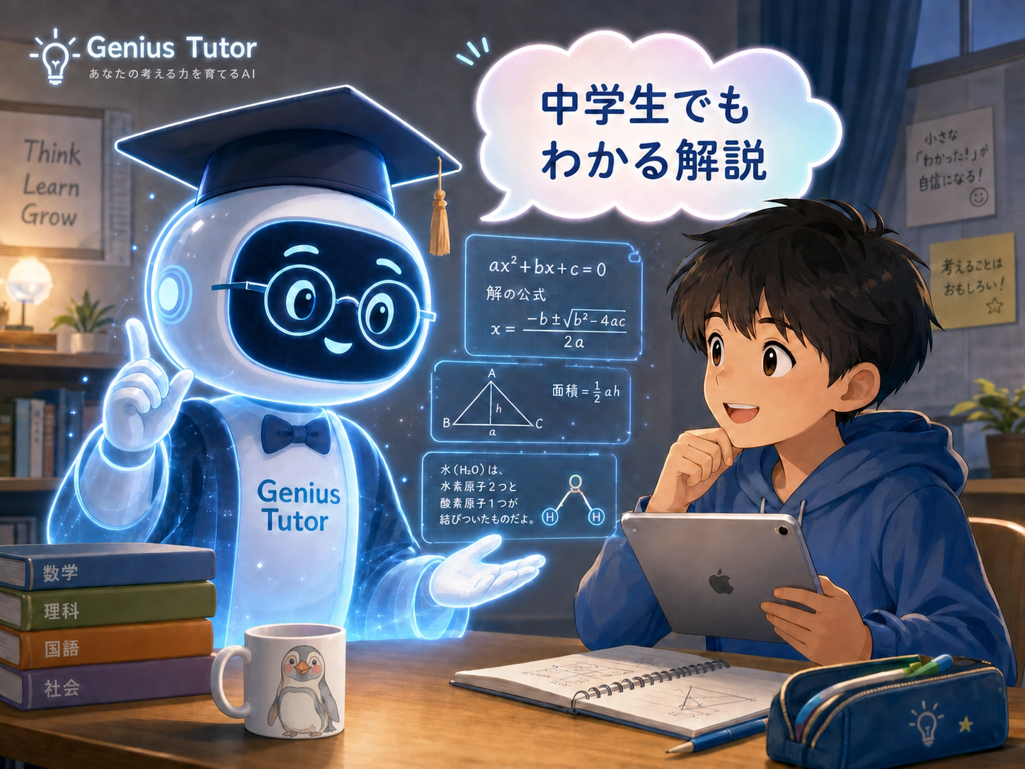 眼鏡をかけた AI 家庭教師「Genius Tutor」が中学生の男の子に二次方程式や水分子の式を黒板で説明し、男の子が iPad を持ちながら笑顔で「中学生でもわかる解説」と納得しているイメージ、机にはペンギンが描かれたマグカップ