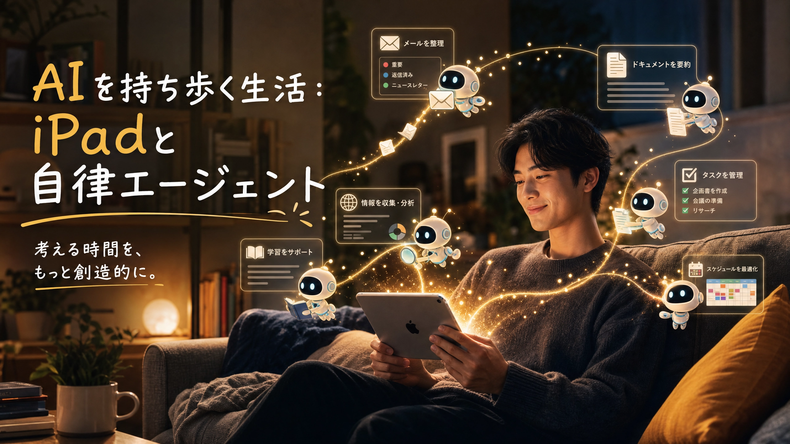 リビングのソファで iPad を抱える男性の周囲を、メール整理・ドキュメント要約・タスク管理・スケジュール最適化など複数の AI エージェントが取り囲み、「AI を持ち歩く生活:iPad と自律エージェント」と書かれたイメージ