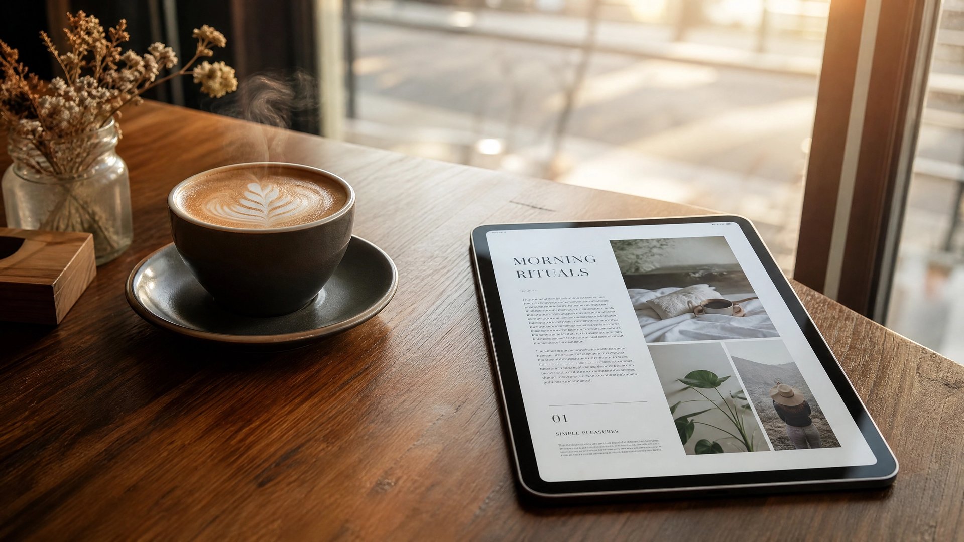 カフェの木製テーブルでラテと並んで iPad に美しい雑誌レイアウトを開いている、洗練された理想像のイメージ