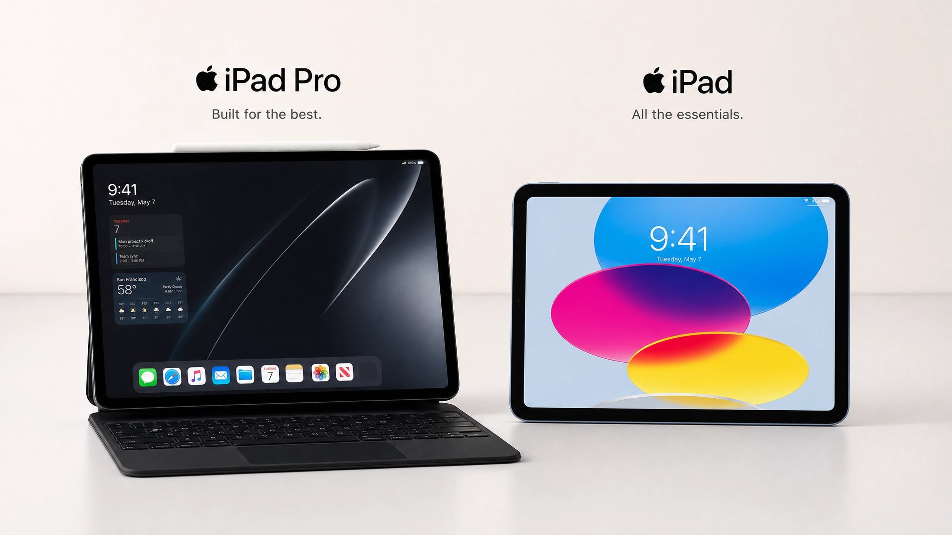 iPad Pro と iPad 無印を並べた比較イメージ、それぞれ Built for the best と All the essentials のキャッチコピー