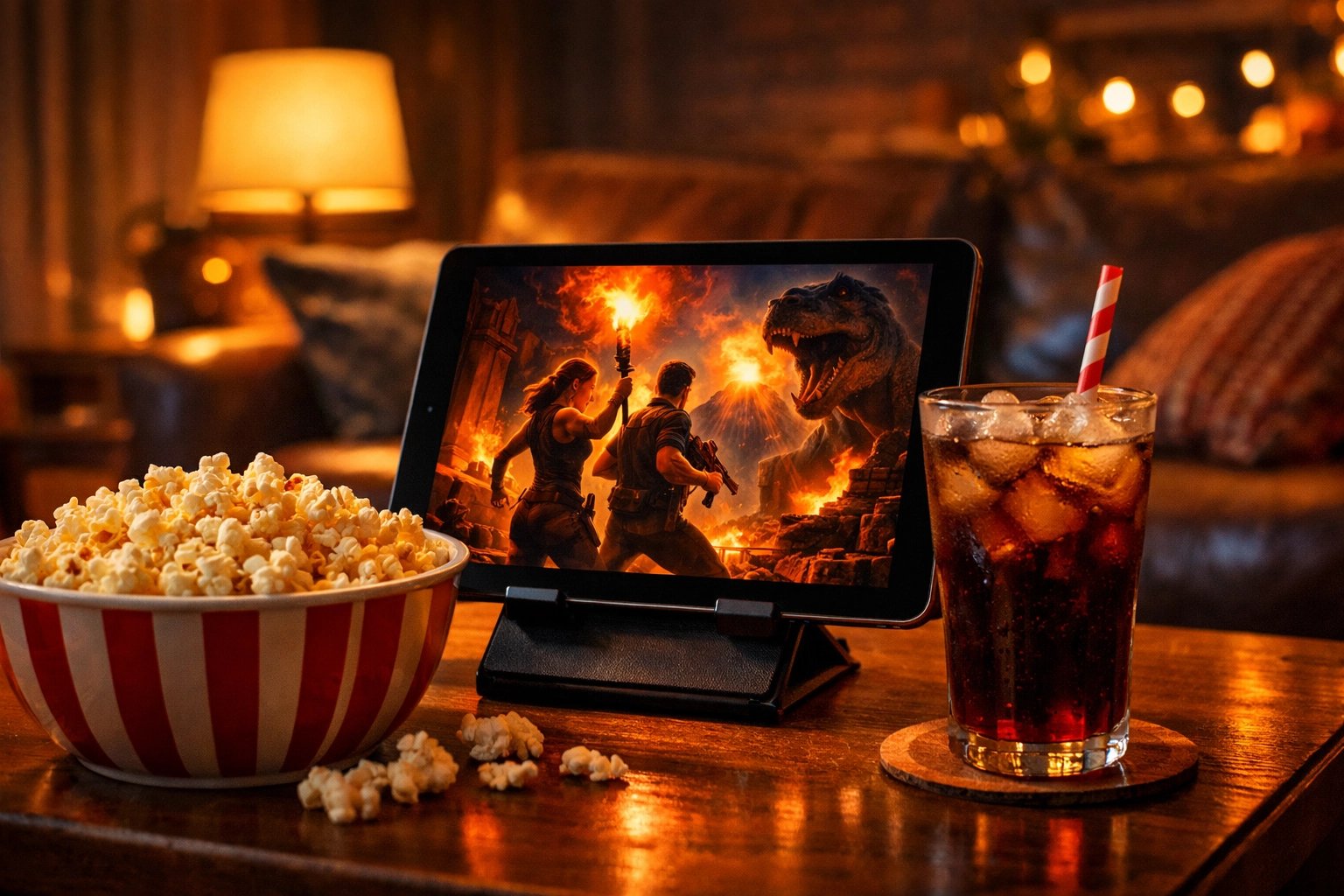 間接照明のリビングでスタンドに立てた iPad で映画を見ながらポップコーンとコーラを楽しむ、おもちゃとしての iPad の真骨頂