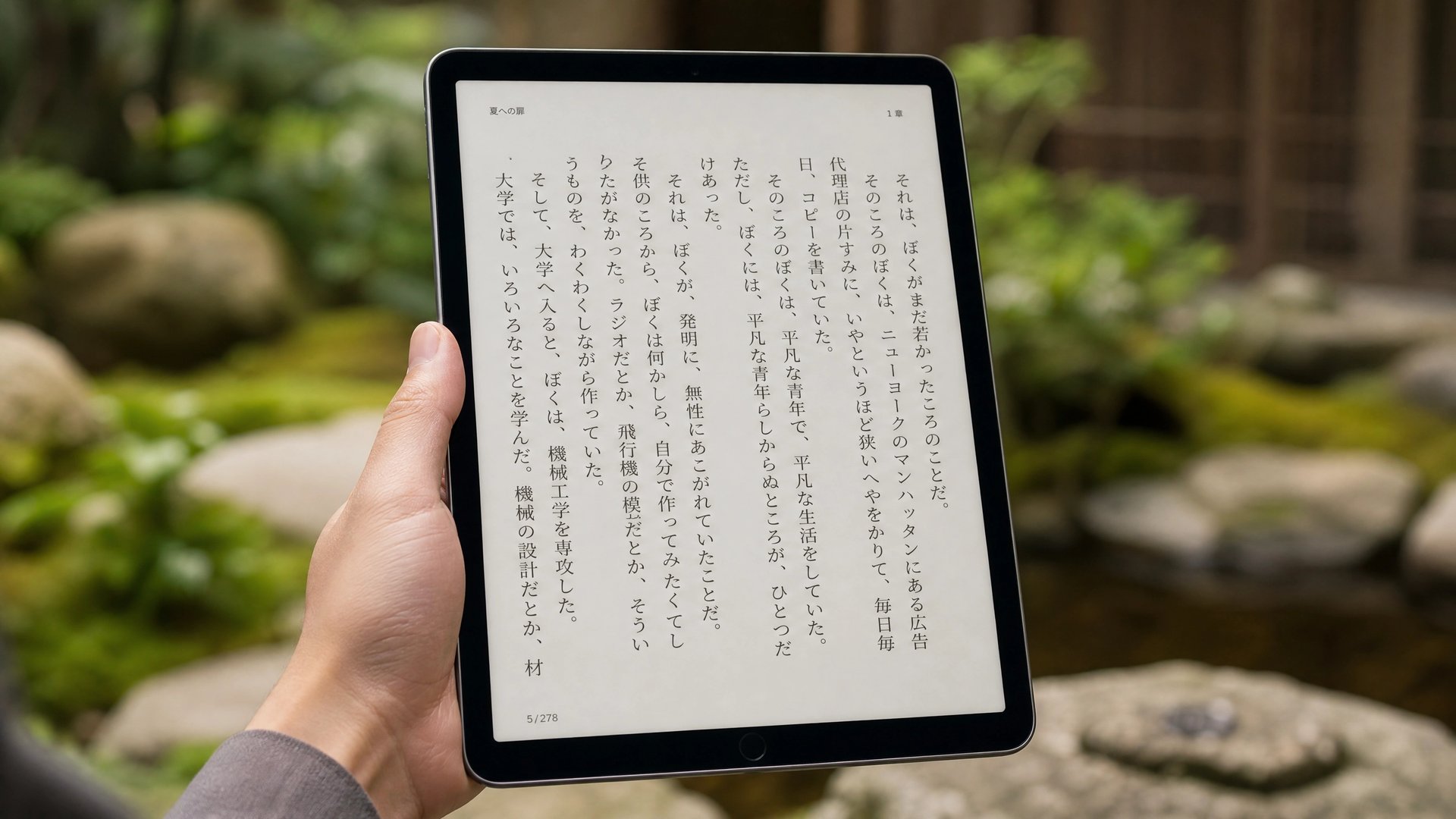 日本庭園を背景に縦持ちで iPad mini に縦書きの小説を表示している、片手保持の読書スタイル