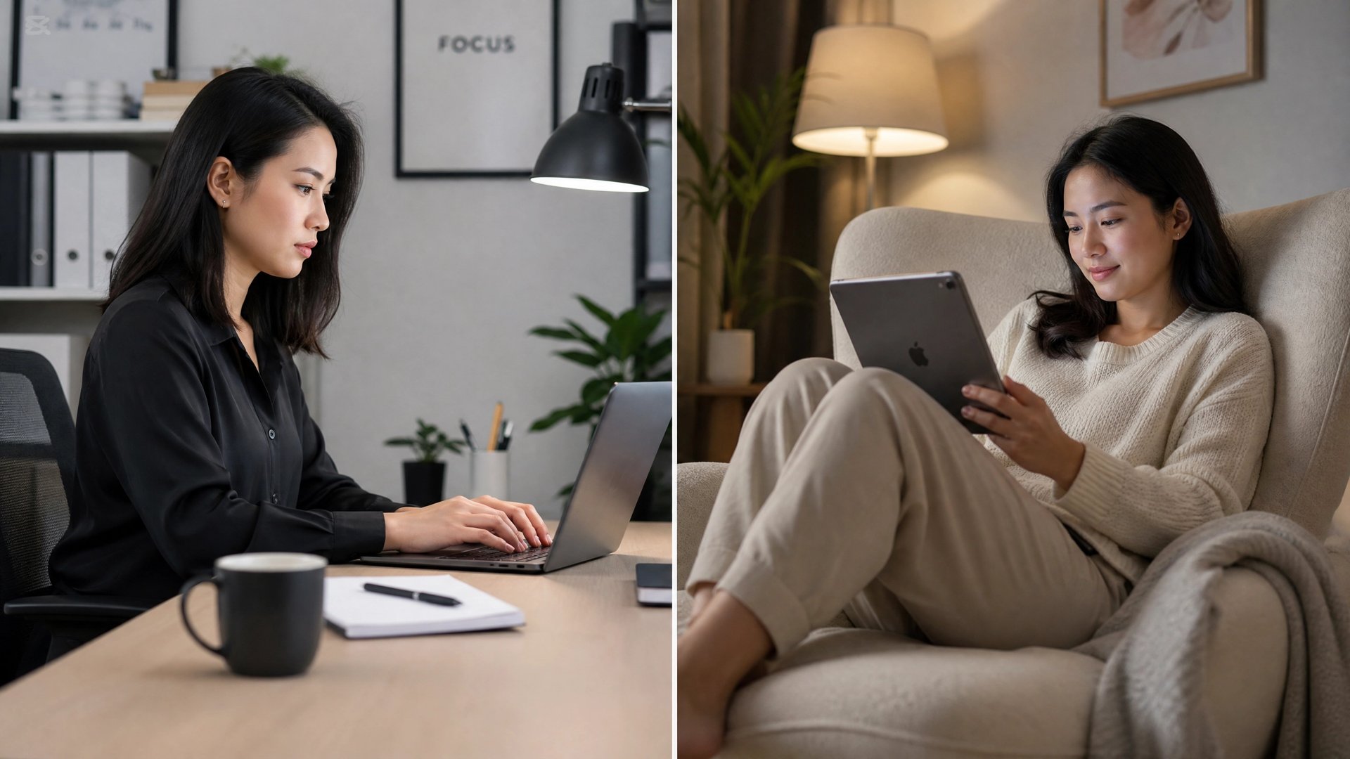 左はデスクでノートパソコンに向かって集中して作業する女性、右はソファに座って iPad でくつろぐ女性、両者の役割を対比した構図