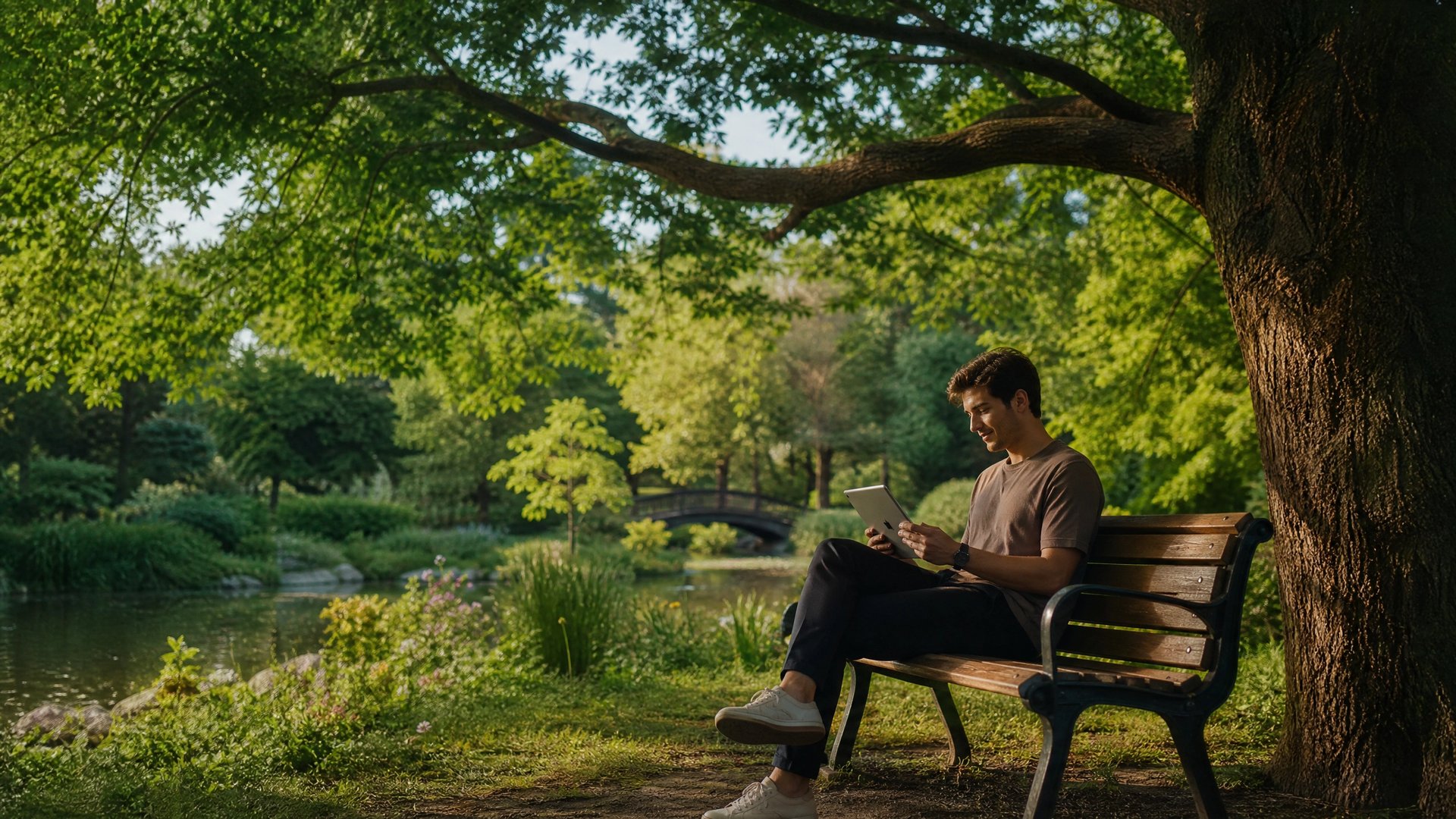 公園のベンチに座って木陰の下で iPad を眺めて過ごす、クリエイティブとは縁遠いゆったりした活用例