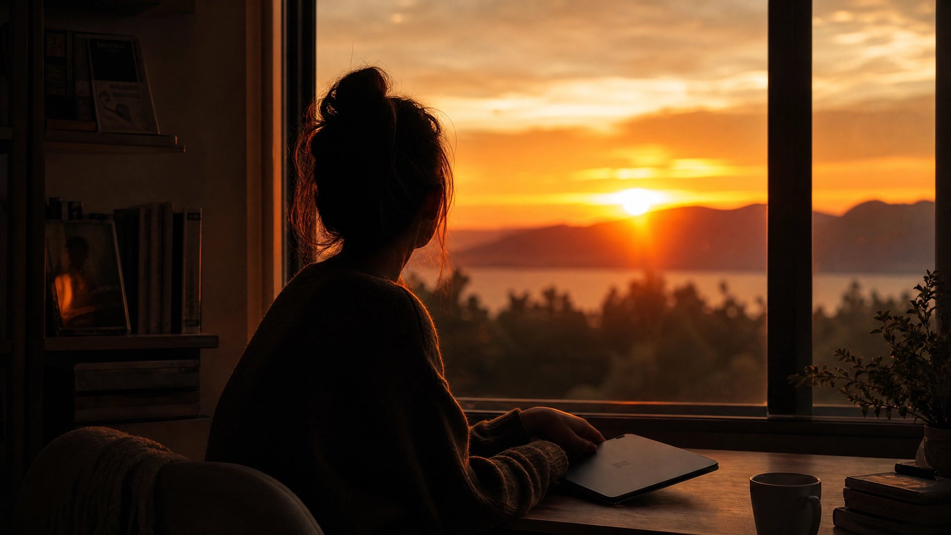 夕日の差し込む窓辺で iPad を手にしながら穏やかに過ごす後ろ姿、嗜好品としての距離感を象徴する一枚