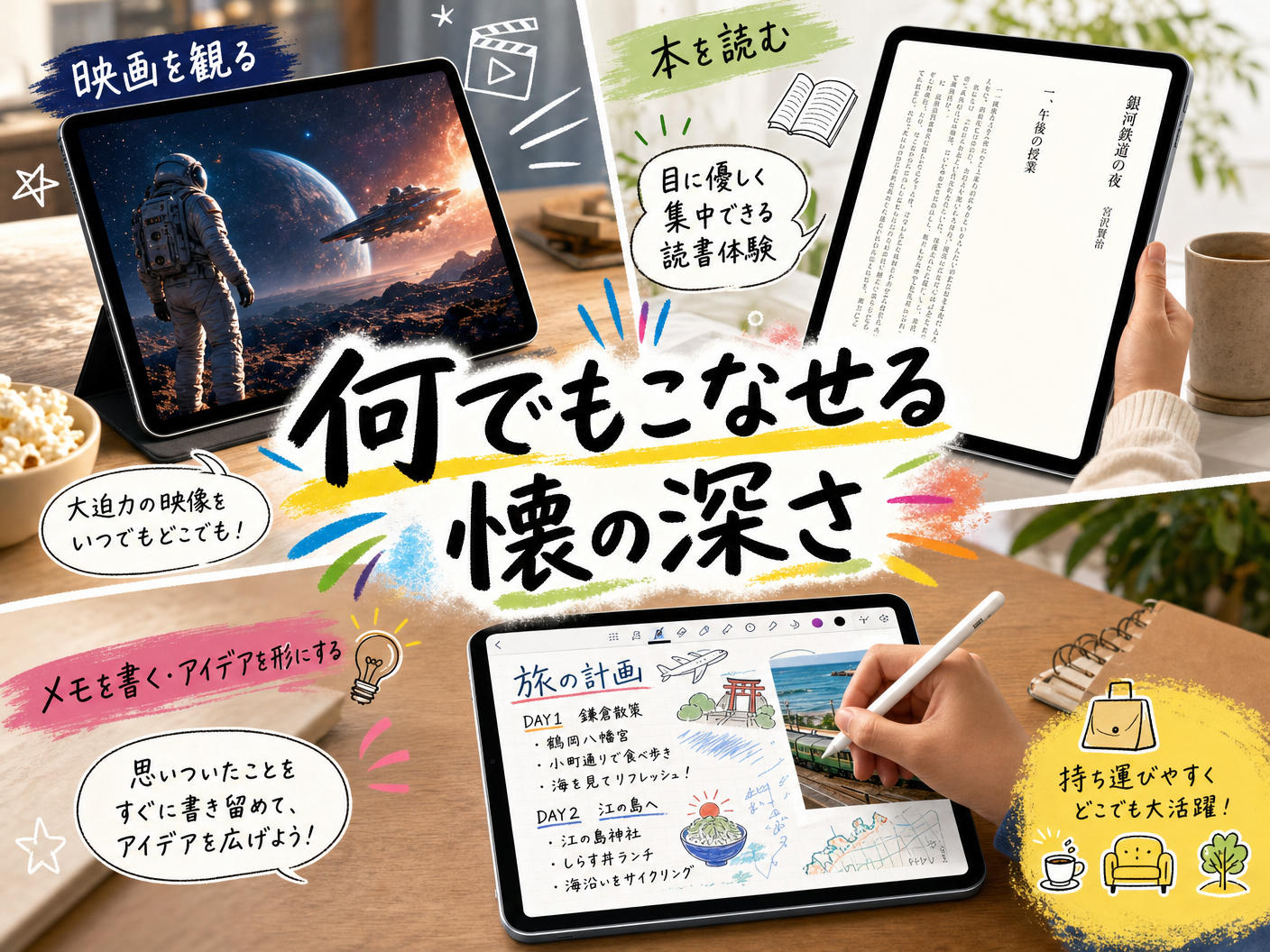 無印iPad の画面サイズが映画・読書・メモ・旅の計画と多用途に対応できる懐の深さを示すイメージ
