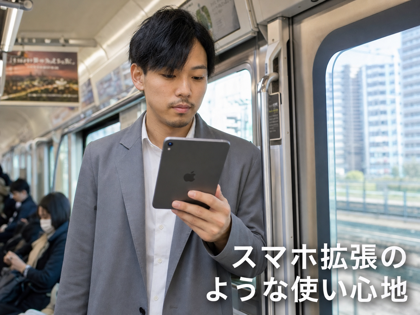 電車の中で iPad mini をスマホ拡張のように片手で操作するスーツの男性のイメージ