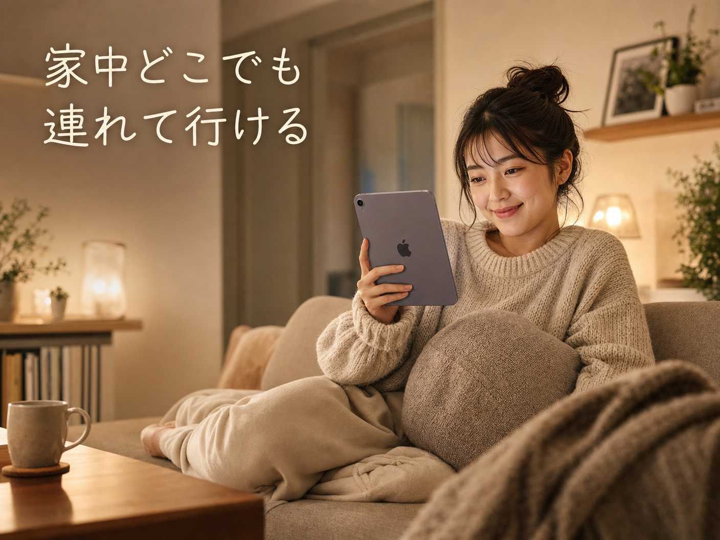家のソファでくつろぎながら iPad mini を気軽に手に取る、家中どこにでも連れて行ける気軽さのイメージ