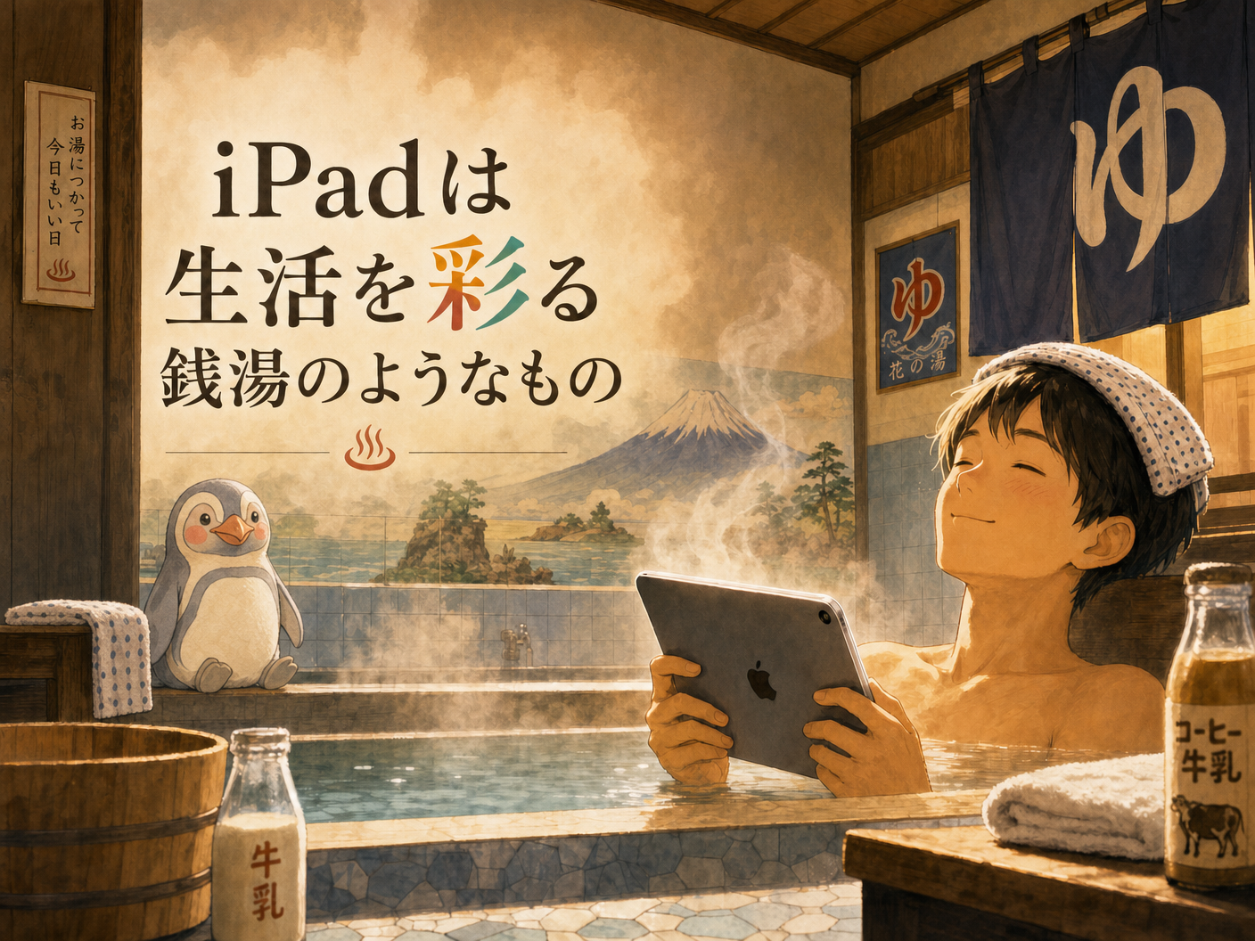 銭湯で iPad を抱えてリラックスする少年と、湯気の向こうのペンギン、富士山の壁絵が描かれた生活を彩る銭湯のイメージ