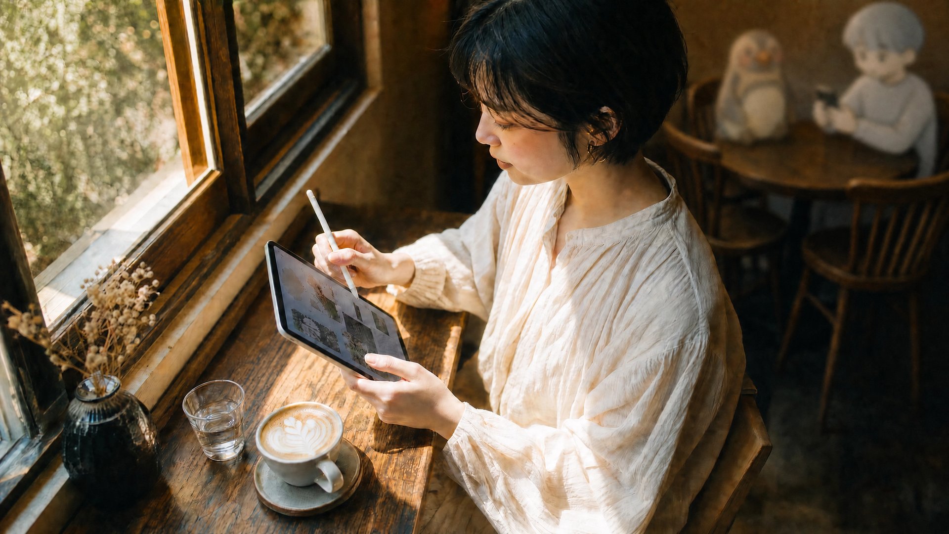 カフェの窓辺で iPad を手にカフェラテと過ごす女性、嗜好品としての iPad ライフスタイル