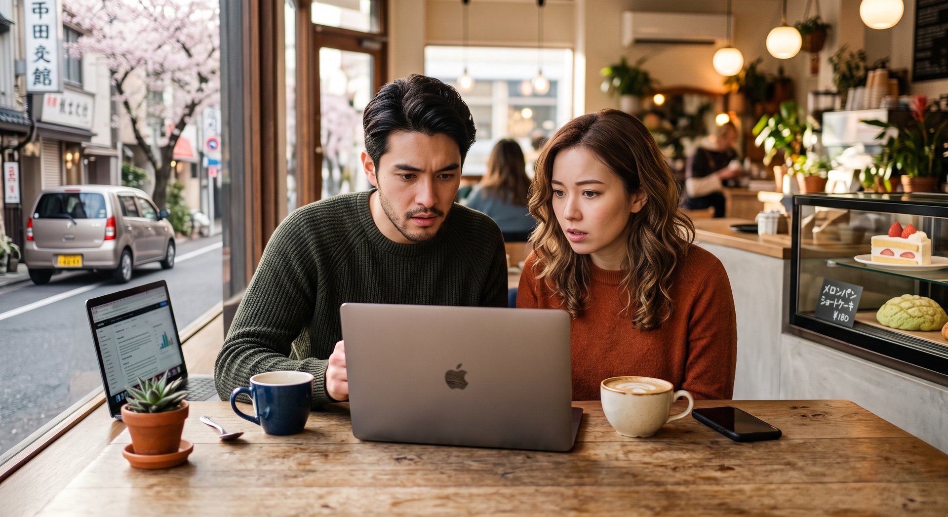 カフェでMacBookの買い替え見積もりを見て驚く様子