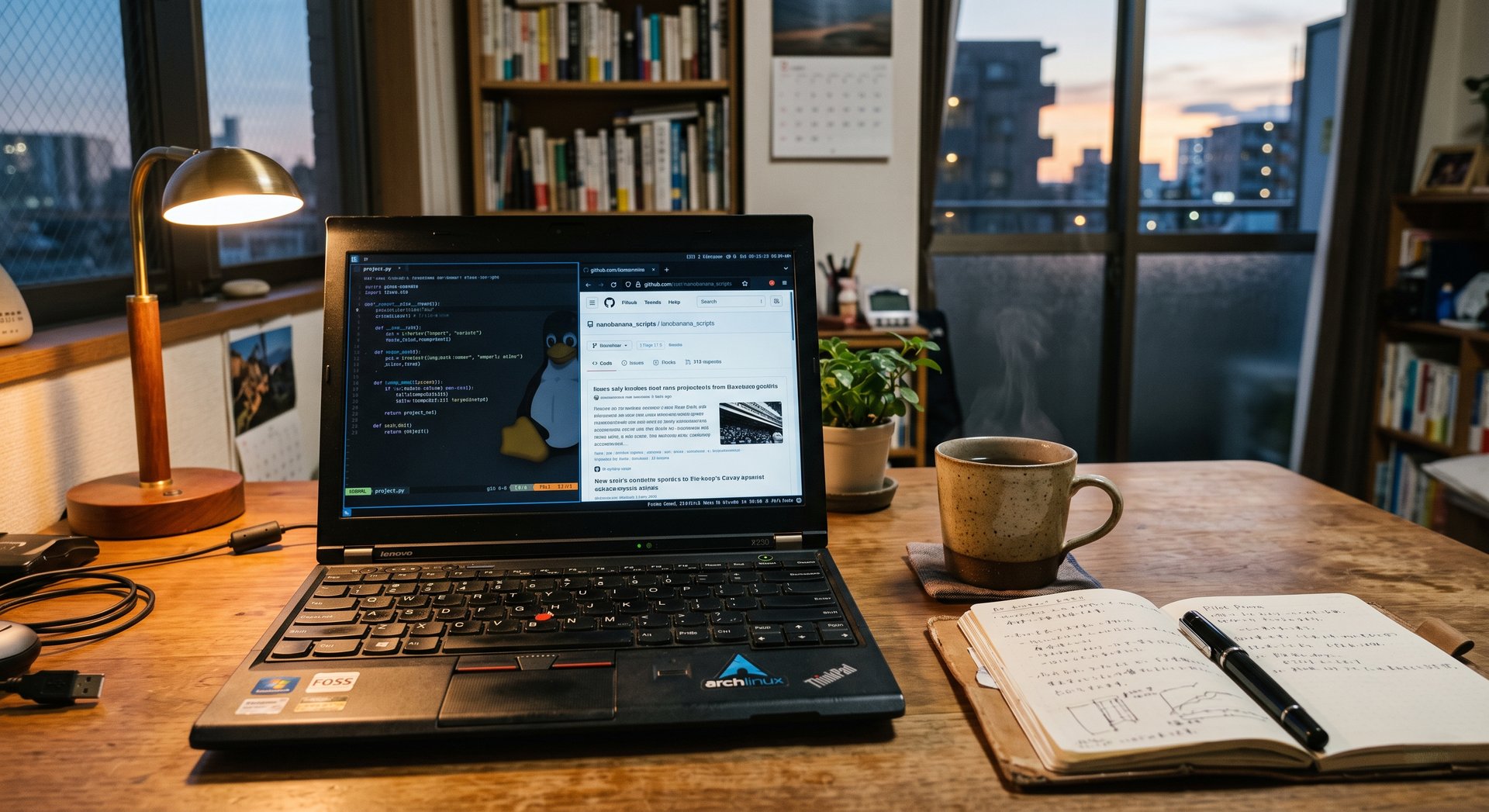 古いノートパソコンの画面に表示されたLinuxデスクトップ環境