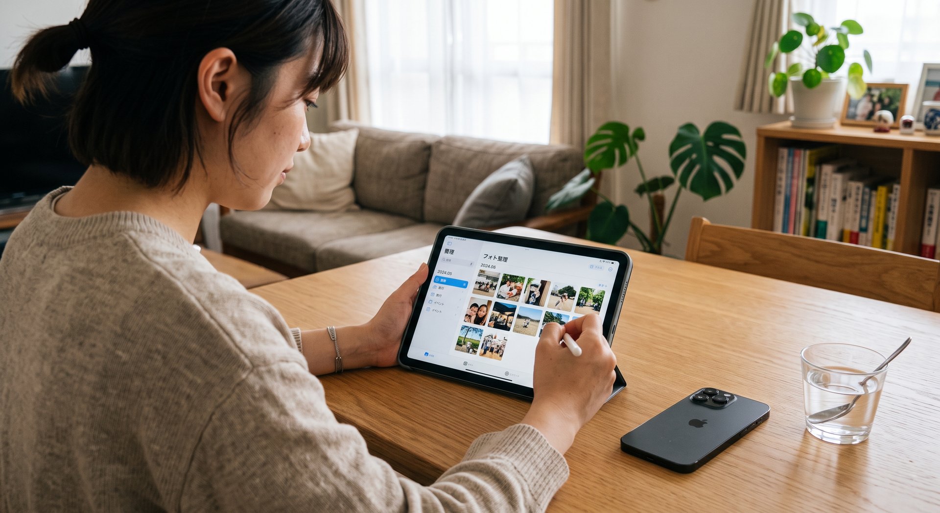 リビングの木製テーブルでiPadとタッチペンを使ってフォトアルバムを整理する様子
