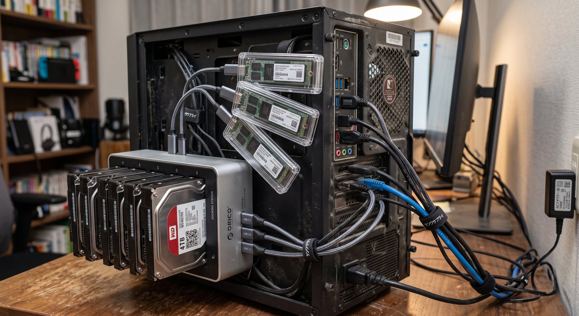 デスクトップPCの背面に接続されたむき出しのSSDや大量の外付けストレージ