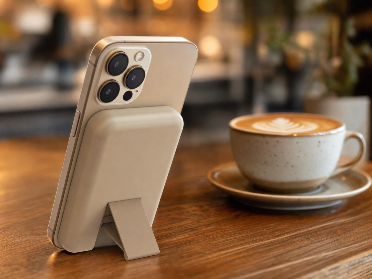 カフェでiPhoneにAnker 633 MagGoを貼り付けてスタンドとして立てかけた様子