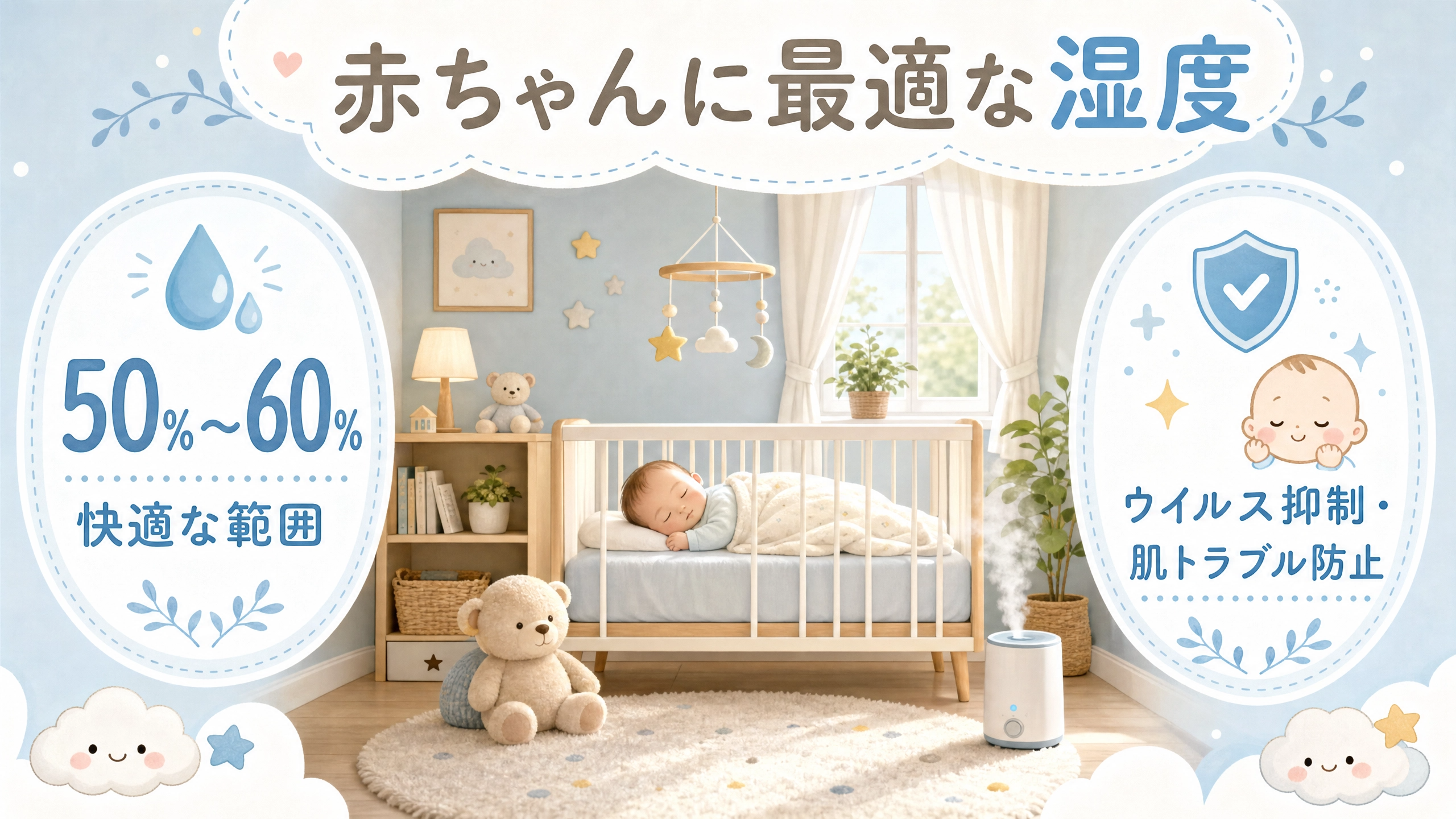 赤ちゃんに最適な湿度は50〜60%。ウイルス抑制・肌トラブル防止