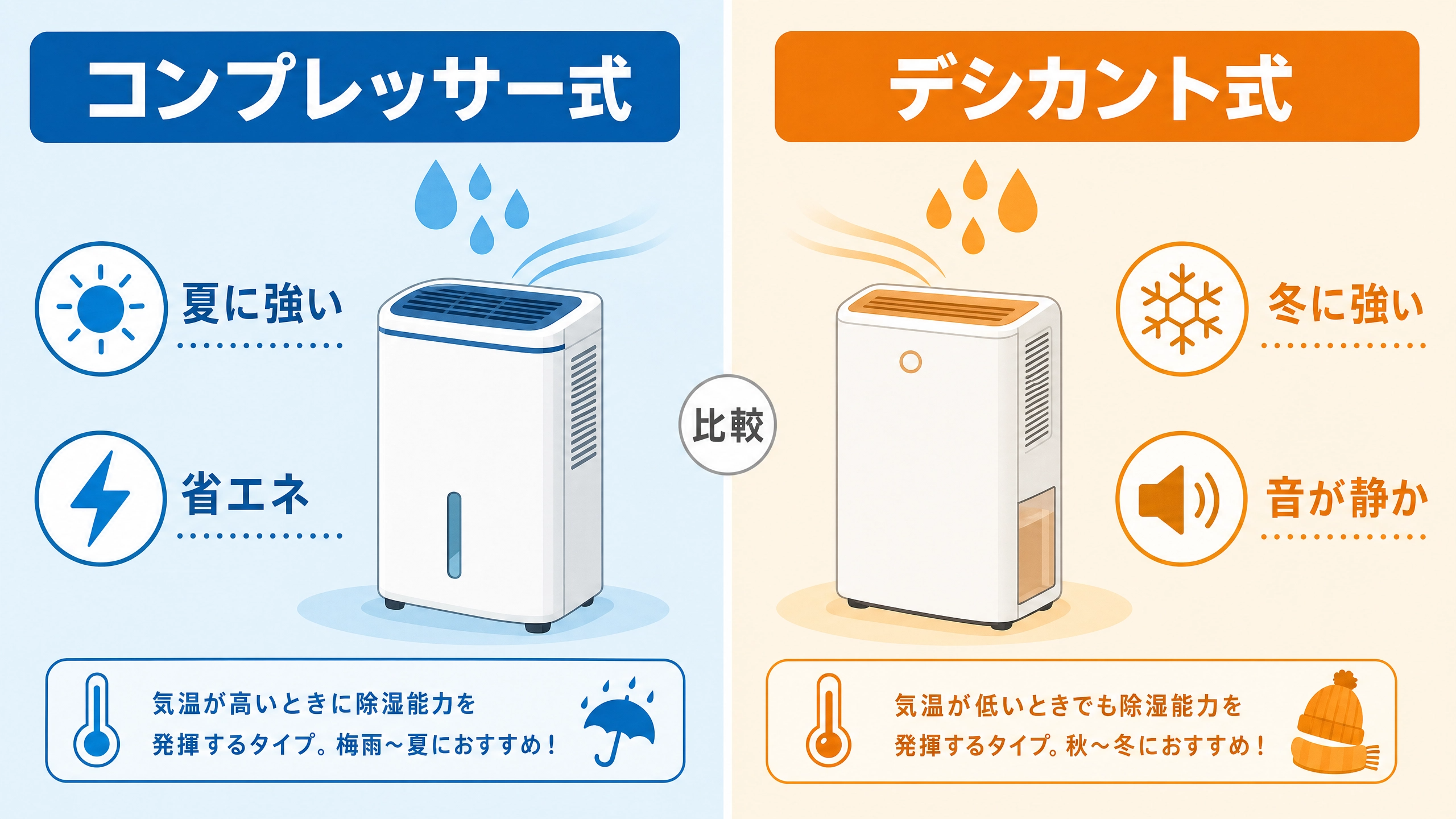 コンプレッサー式（夏に強い・省エネ）とデシカント式（冬に強い・音が静か）の比較