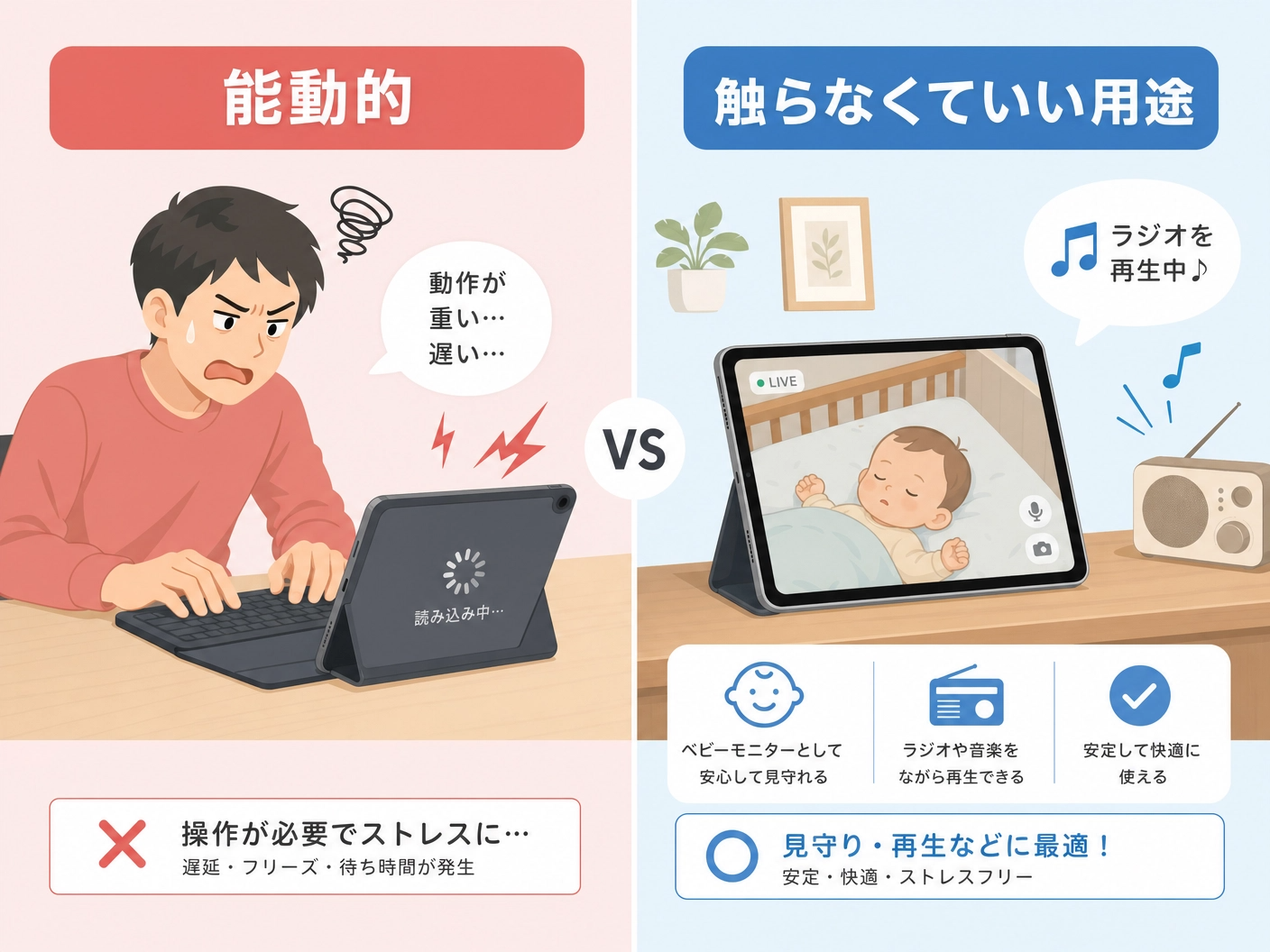 能動的な使い方と触らなくていい用途の比較図