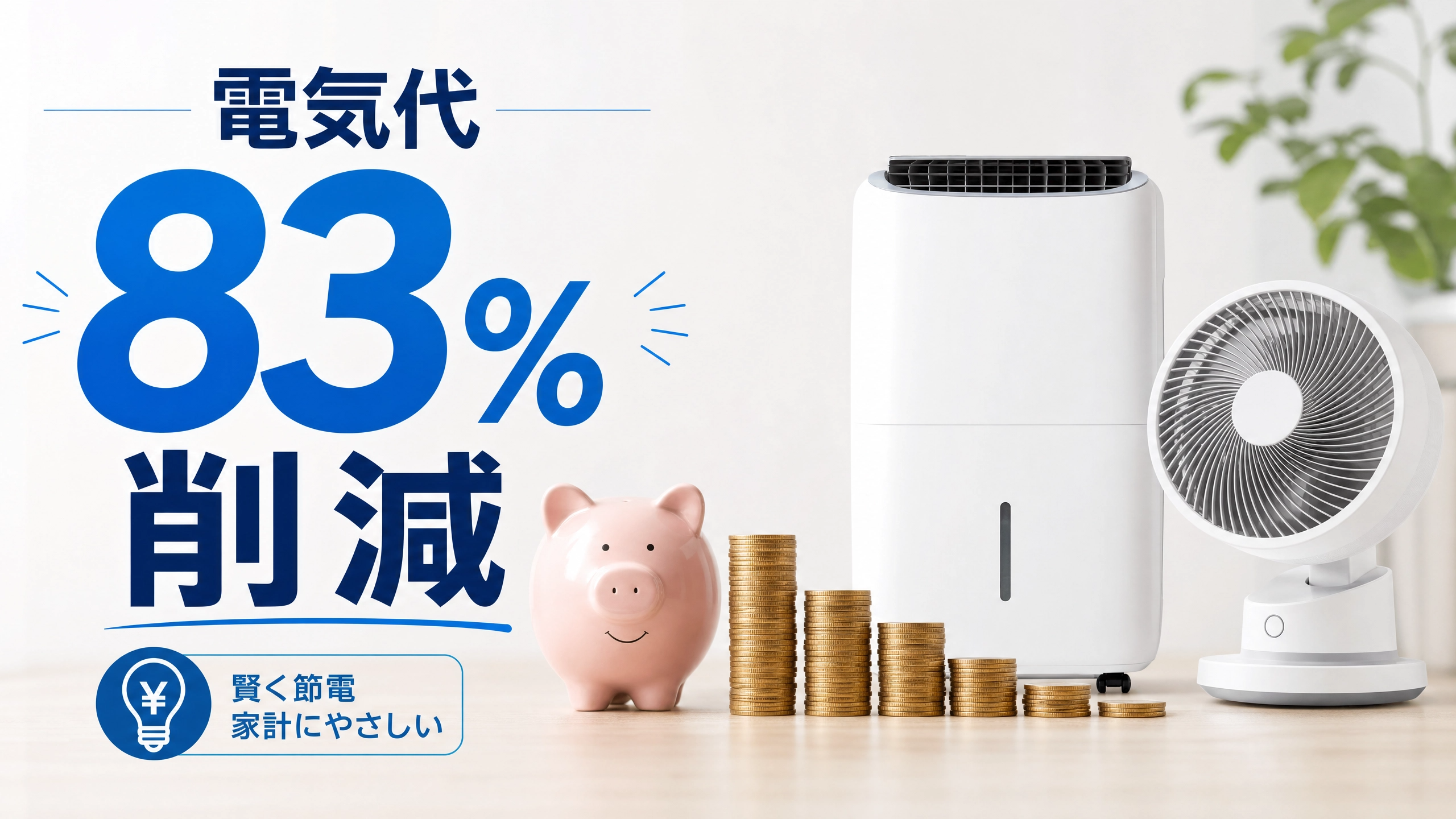 衣類乾燥除湿機とサーキュレーターの併用で電気代を約83%削減できることを示すイメージ