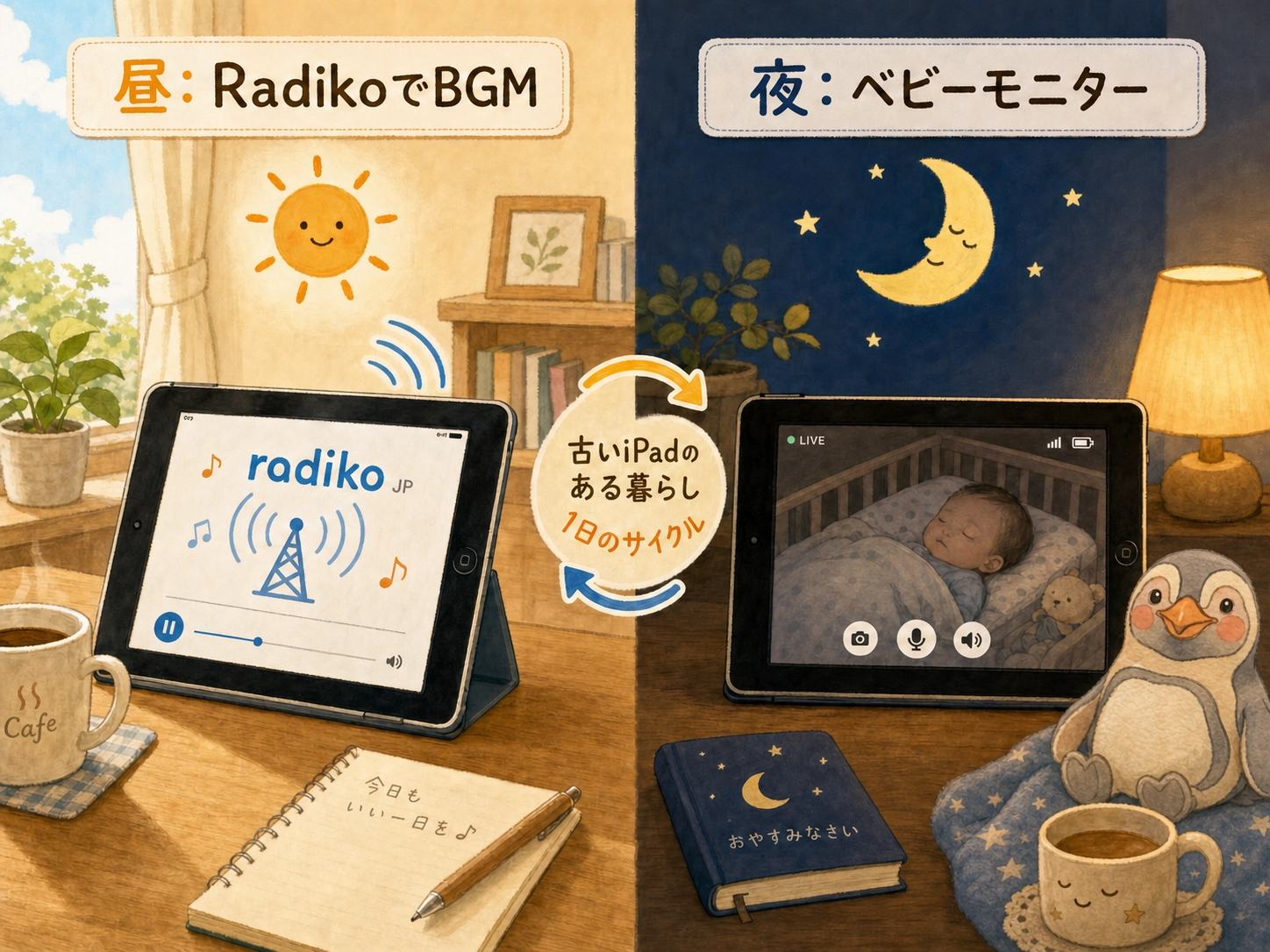 昼はRadikoでBGM・夜はベビーモニターという1日のサイクル図