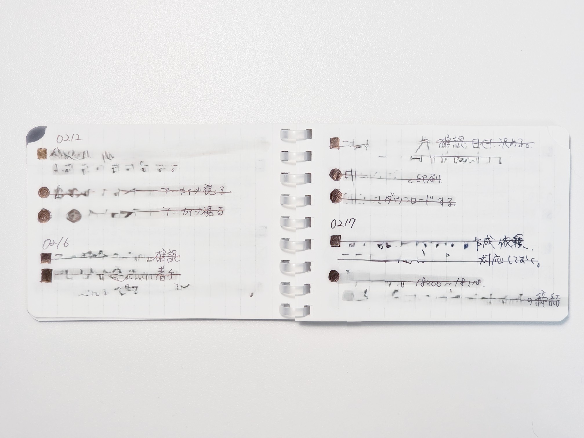 ソフトリングメモA7を開き、日付ごとにToDoを書いて完了タスクを打消し線で消した実際のページ