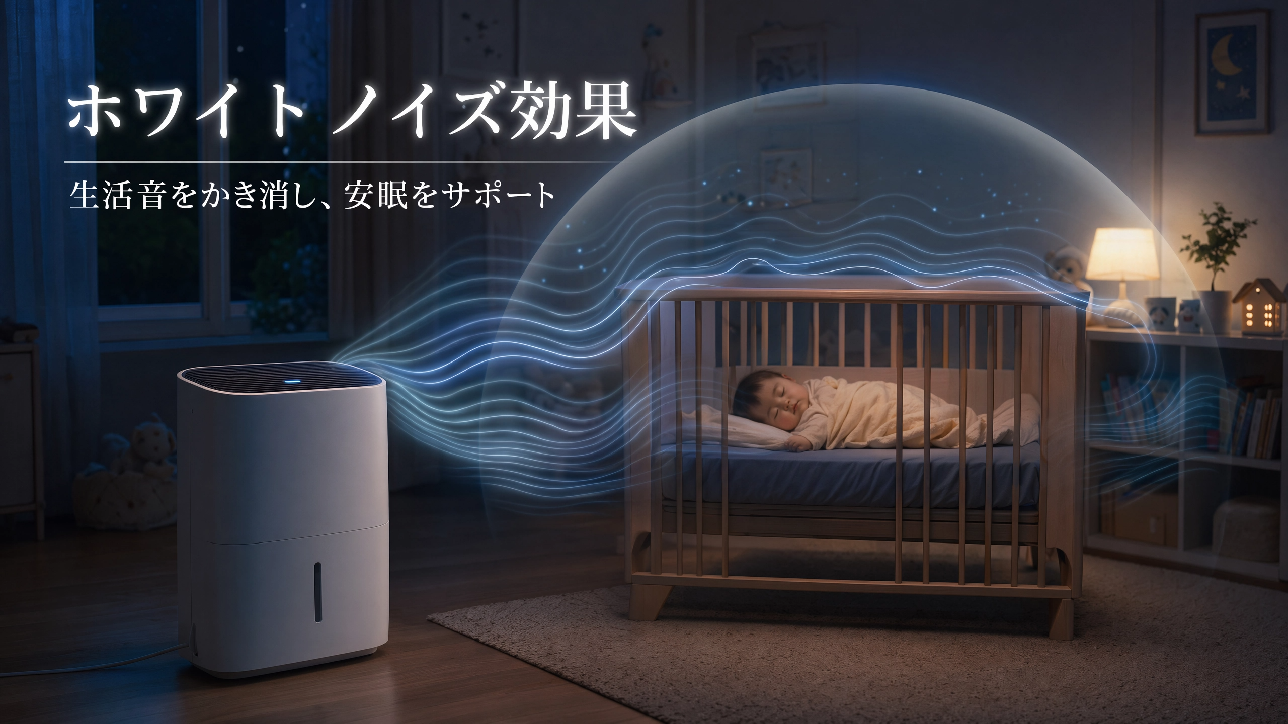 除湿機のホワイトノイズ効果。生活音をかき消し赤ちゃんの安眠をサポート